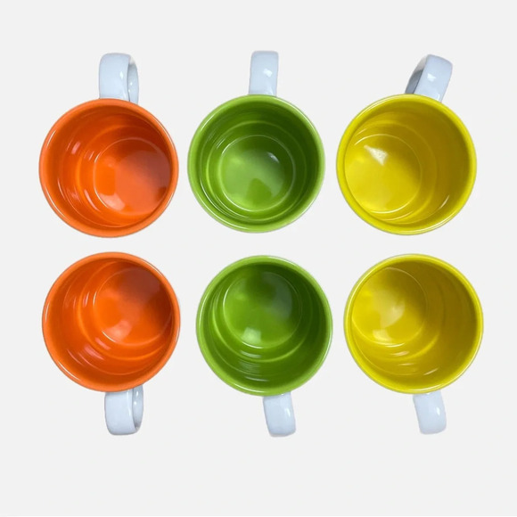 Crate & Barrel Pick Me Up Set of 6 Stackable Coffee Mugs Orange Green Yellow - Picture 2 of 7